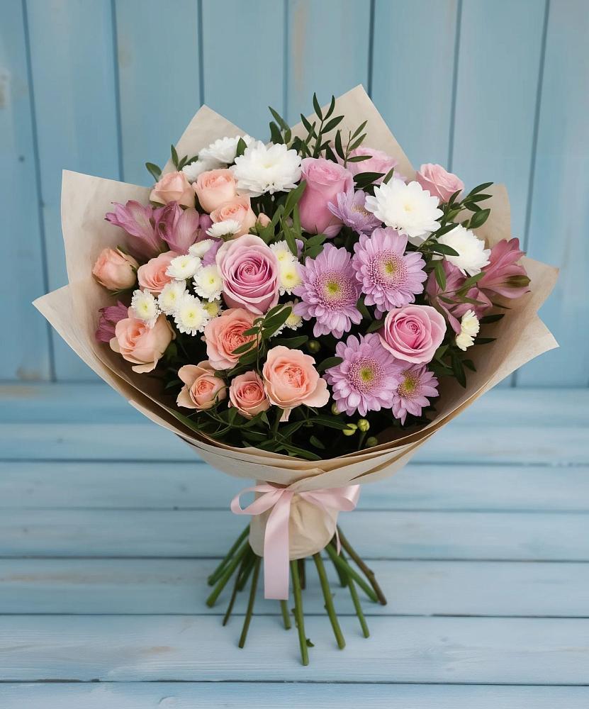 Букет цветов из: Хризантемы, Розы и Альстромерии в Поселке имени Дзержинского