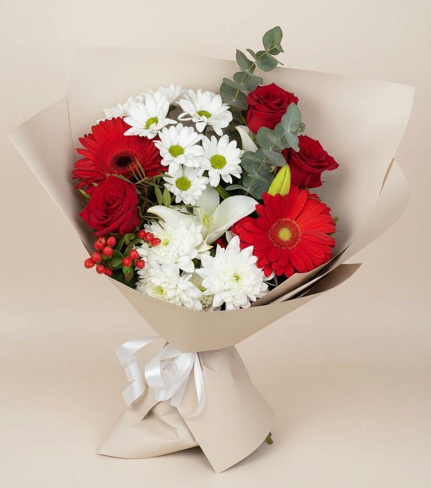 Букет цветов из: Розы, Хризантемы, Герберы и Лилии в Поселке имени Дзержинского
