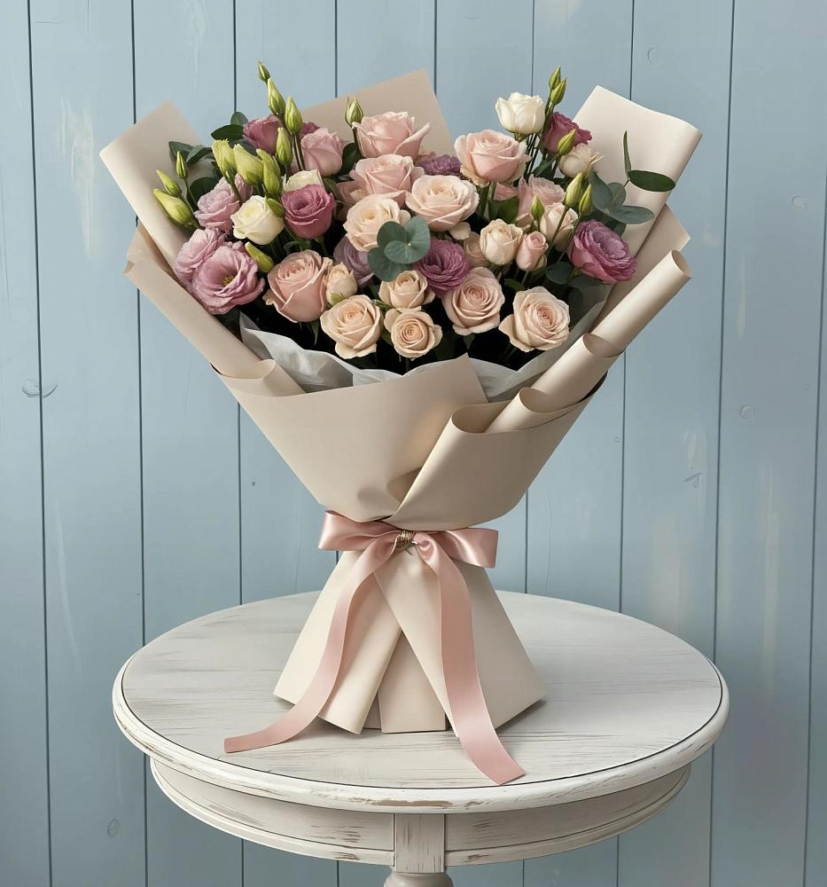 Букет цветов из: Розы и Лизиантусы в Поселке имени Дзержинского