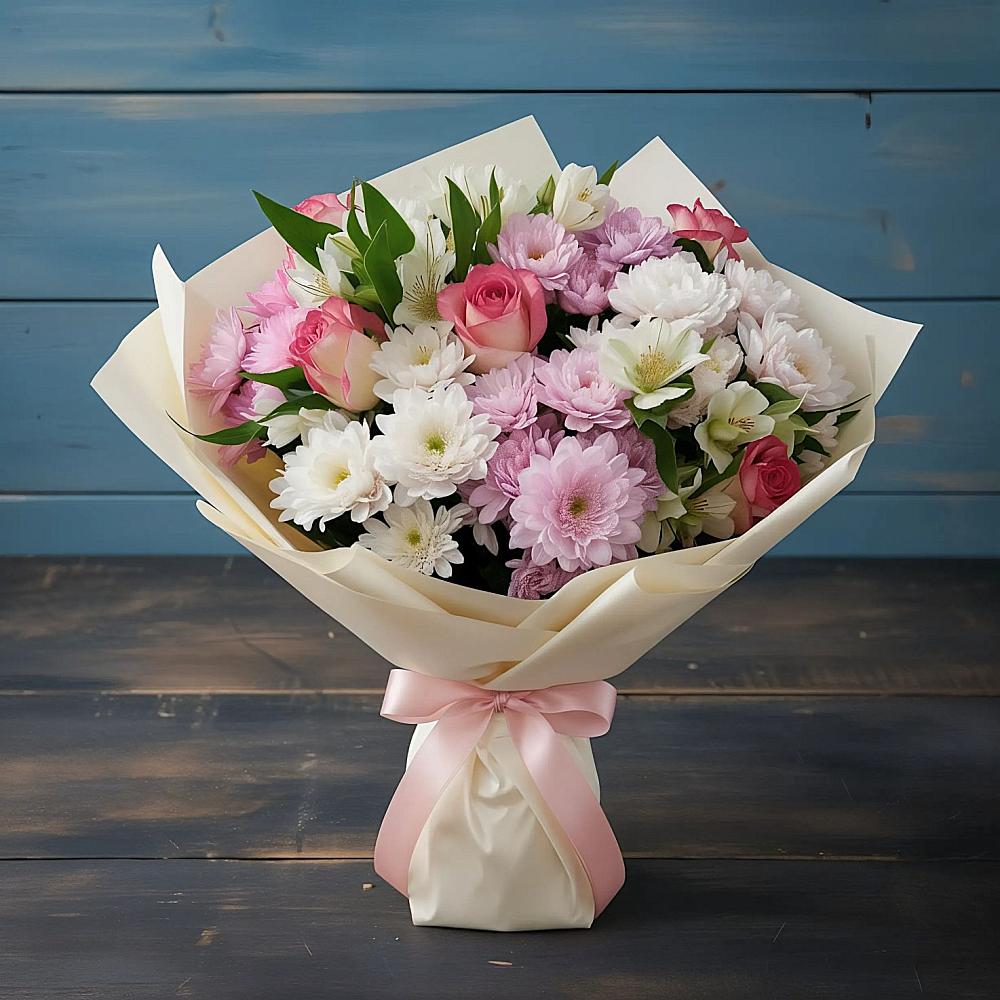 Букет цветов из: Хризантемы, Альстромерии и Розы в Поселке имени Дзержинского